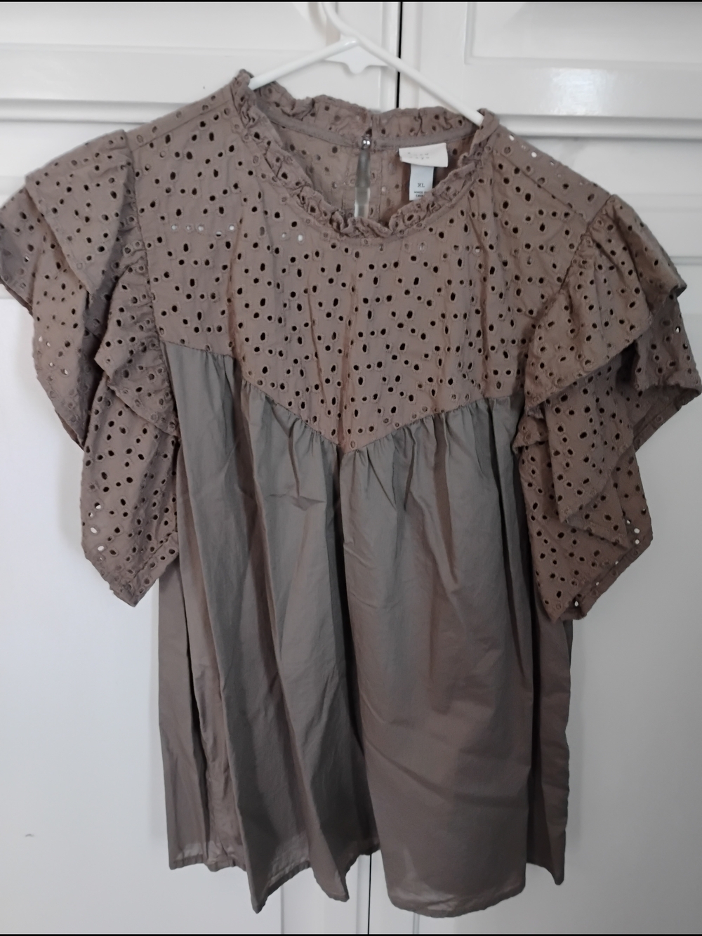 a new day Eyelet Flutter Blouse - Taupe Gray